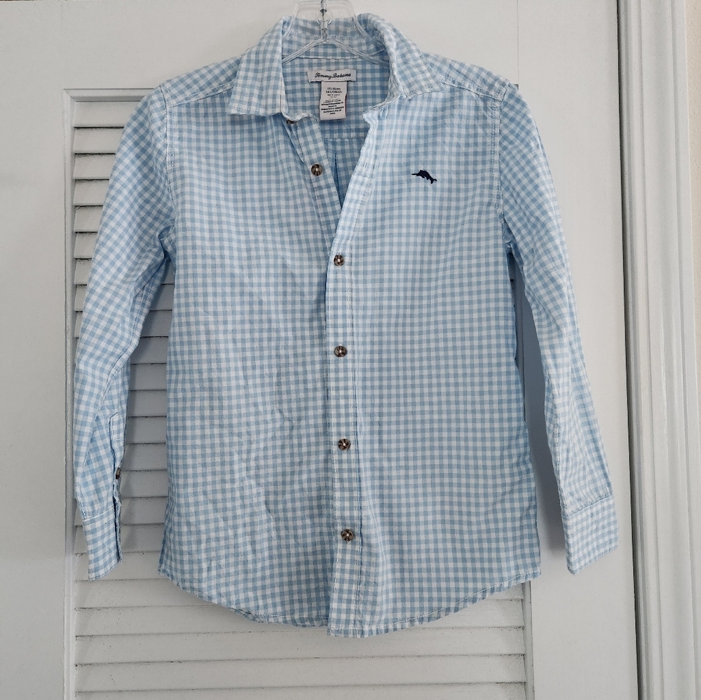 Tommy Bahama Blue Check Gingham Long Sleeve Button Down Boys Large 10/12